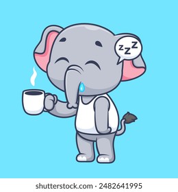 Cute Elephant Sleepy Holding Coffee Cartoon Vector Icon Illustration. Animal Drink Icon Concept Isolated Premium Vector. Flat Cartoon Style