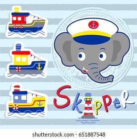 Cute elephant smile face with nautical vessel and lighthouse, vector cartoon illustration
