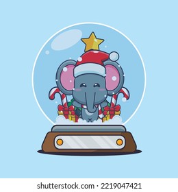 Cute elephant in snow globe. Cute christmas cartoon illustration.