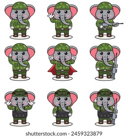 Cute Elephant soldier in camouflage uniform. Cartoon funny Elephant soldier character with helmet and green uniform in different positions. Funny Animal Vector illustration Set.