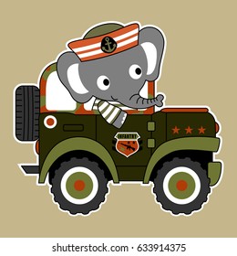 Cute elephant soldier driving military car, vector cartoon illustration