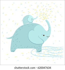 Cute elephant is splashing water on child on white background. Vector illustration in cartoon style for print design of children's banners, postcards, posters, booklets.