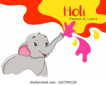 Cute Elephant Spraying Colors with Holi Festival Of Colors Text on White Background.