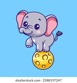 Cute Elephant Stand On Moon Cartoon Vector Icon Illustration. Animal Science Icon Concept Isolated Premium Vector. Flat Cartoon Style