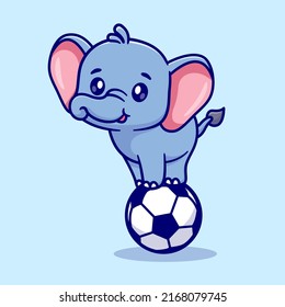 Cute Elephant Standing On Soccer Ball Cartoon Vector Icon Illustration. Animal Sport Icon Concept Isolated Premium Vector. Flat Cartoon Style