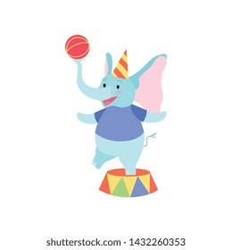 Cute Elephant Standing on Stage with Ball, Funny Animal Cartoon Character Performing in Circus Show Vector Illustration
