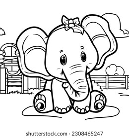 Cute elephant stands in the forest and smiles. Coloring pages.