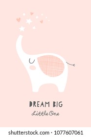 Cute elephant and stars Dream Big Little One nursery poster. Printable art for kids. Baby girl illustration in pink. 