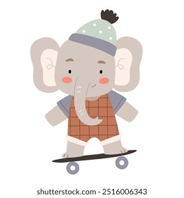 Cute elephant in stylish clothes on a skateboard. Children's illustration in Scandinavian style in pastel colors. Print for clothes. Poster.