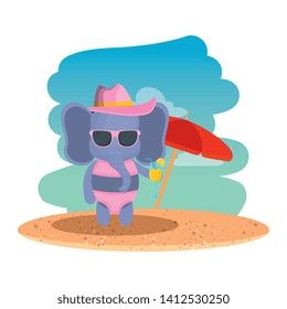 cute elephant with summer hat and cocktail on the beach