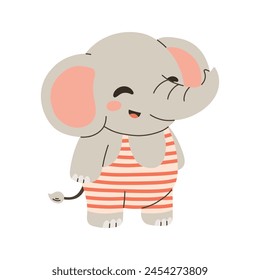 Lindo Elefante Ilustración vectorial de verano. Disfrutando del verano caliente en traje de baño de rayas. Para tarjeta, Anuncio, póster