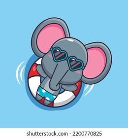 Cute elephant in sunglasses float with buoy.