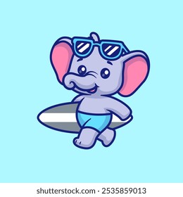 Cute Elephant With Surf Board Cartoon Vector Icon Illustration. Animal Sport Icon Concept Isolated Premium Vector. Flat Cartoon Style