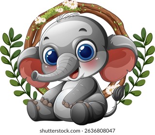 Cute elephant surrounded by leaves and flowers
