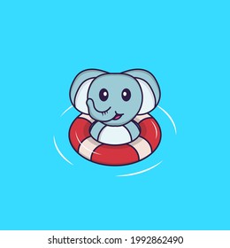Cute elephant is Swimming with a buoy. Animal cartoon concept isolated. Can used for t-shirt, greeting card, invitation card or mascot.