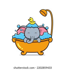 Cute elephant take a bath mascot cartoon icon illustration. Design isolated flat cartoon style