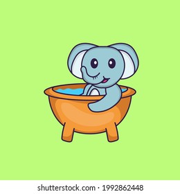 Cute elephant taking a bath in the bathtub. Animal cartoon concept isolated. Can used for t-shirt, greeting card, invitation card or mascot.