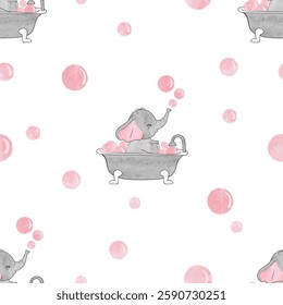 Cute elephant taking a bath with bubbles. Baby shower watercolor vector print
