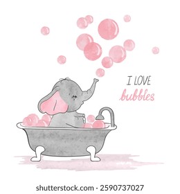 Cute elephant taking a bath with bubbles. Baby shower invitation card. Vector watercolor illustration