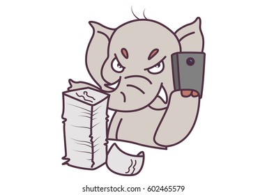 Cute Elephant talking angrily on the phone with a pile of papers in front of him. Vector illustration. Isolated on white background.