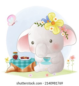 Cute elephant tea party watercolor illustration