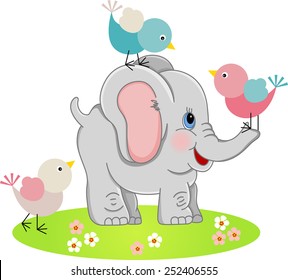 Cute Elephant with a three birds
