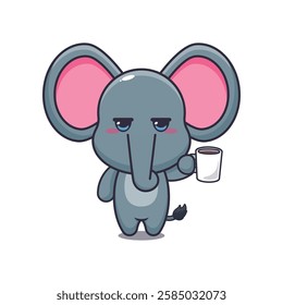 Cute elephant is tired and sleepy holding coffee cartoon vector illustration. vector cartoon illustration suitable for poster, brochure, web, mascot, sticker, logo and icon.icon.