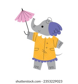 Cute Elephant Tourist with Umbrella Having Summer Resort Vacation Vector Illustration
