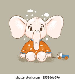 Cute elephant with toy car hand drawn vector illustration. Perfect for t-shirt print, kids wear design, kids poster and postcard. 