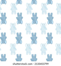Cute elephant toy seamless pattern. Funny child playthings in doodle style. Hand drawn texture for fabric, wallpaper, textile, print, title, wrapping paper. Vector illustration.