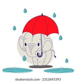 Cute elephant with umbrella cartoon hand drawn vector illustration. Can be used for t-shirt print, kids wear fashion design, baby shower invitation card.. Eps 10. Vector illustration.
