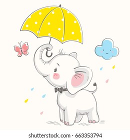 Cute elephant with umbrella cartoon hand drawn vector illustration. Can be used for  t-shirt print, kids wear fashion design, baby shower invitation card.