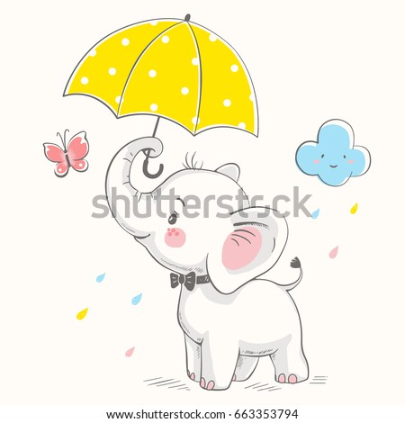 Cute elephant with umbrella cartoon hand drawn vector illustration. Can be used for  t-shirt print, kids wear fashion design, baby shower invitation card.