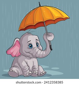 Cute Elephant with Umbrella Sitting Under Rain on Blue Background