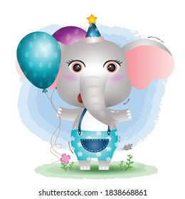 un tierno elefante usando sombrero de cumpleaños y un globo