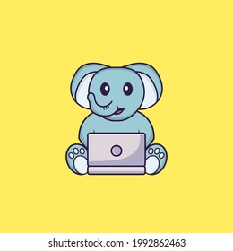 Cute elephant using laptop. Animal cartoon concept isolated. Can used for t-shirt, greeting card, invitation card or mascot.