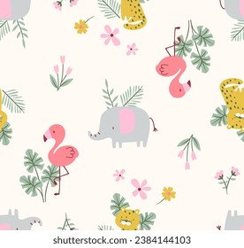 Cute elephant vector, Cute cheetah vector, cute flamingo vector, Jungle print, Jungle pattern, Jungle repeat, baby elephant vector, Baby flamingo