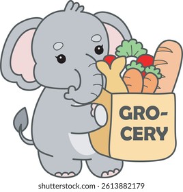 Cute Elephant vector icon. Funny baby Elephant animal series stock illustration. Life of fluffy Elephant designs.
baby elephant bring a grocery bag
