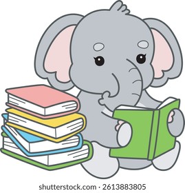 Cute Elephant vector icon. Funny baby Elephant animal series stock illustration. Life of fluffy Elephant designs.
baby elephant reading a book