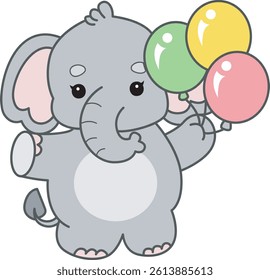 Cute Elephant vector icon. Funny baby Elephant animal series stock illustration. Life of fluffy Elephant designs.
baby elephant bring a three of balloons
