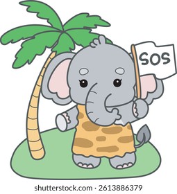 Cute Elephant vector icon. Funny baby Elephant animal series stock illustration. Life of fluffy Elephant designs.
baby elephant lost in the empty island