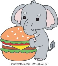 Cute Elephant vector icon. Funny baby Elephant animal series stock illustration. Life of fluffy Elephant designs.
baby elephant bring a burger