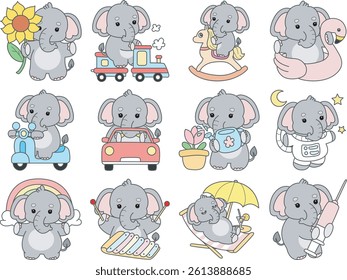 Cute Elephant vector icon. Funny baby Elephant animal series stock illustration. Life of fluffy Elephant designs.
variation of baby elephant with transportation and holiday