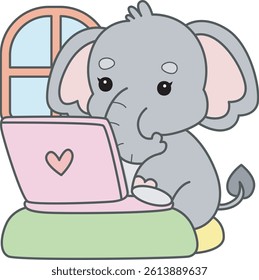 Cute Elephant vector icon. Funny baby Elephant animal series stock illustration. Life of fluffy Elephant designs.
baby elephant typing in the notepad