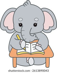 Cute Elephant vector icon. Funny baby Elephant animal series stock illustration. Life of fluffy Elephant designs.
baby elephant study in the table
