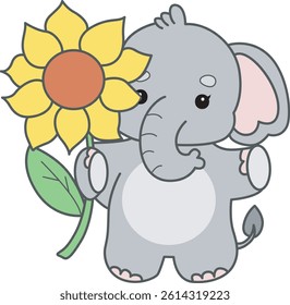 Cute Elephant vector icon. Funny baby Elephant animal series stock illustration. Life of fluffy Elephant designs.
baby elephant bring a sunflower
