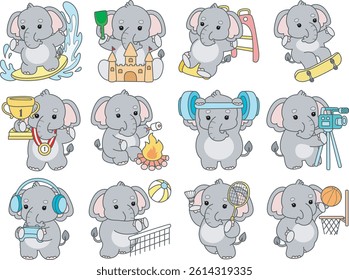 Cute Elephant vector icon. Funny baby Elephant animal series stock illustration. Life of fluffy Elephant designs.
variation of sport and exercise of elephant