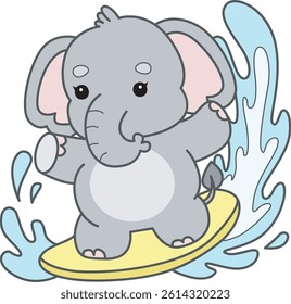 Cute Elephant vector icon. Funny baby Elephant animal series stock illustration. Life of fluffy Elephant designs.
baby elephant playing a surfing in the wave