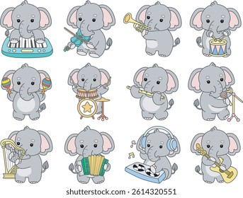 Cute Elephant vector icon. Funny baby Elephant animal series stock illustration. Life of fluffy Elephant designs.
baby elephant in the variation of instrument