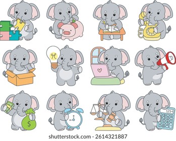 Cute Elephant vector icon. Funny baby Elephant animal series stock illustration. Life of fluffy Elephant designs.
baby elephant in the variation of acitivity